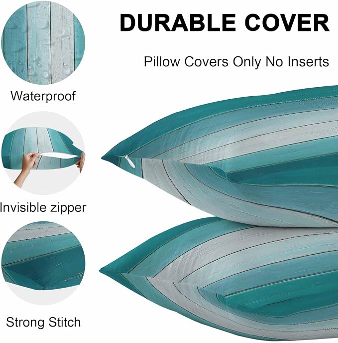 Throw Pillow Covers 18x18 Inch Set of 2, Aqua Ombre Waterproof Outdoor Cushion Covers, Vintage Country Wooden Decorative Pillowcases for Couch, Sofa, Bed, Garden, Patio