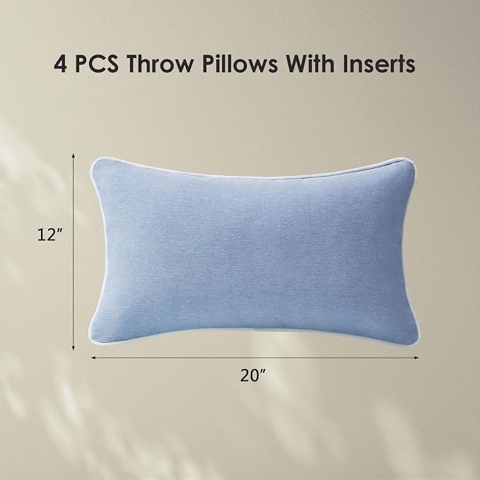 Unimatta Decorative Outdoor Water Repellent Throw Pillows with Inserts, Set of 4, 20" x12" Pillows for Patio, Backyard, Bed, Couch, and Patio Furniture, Powder Blue