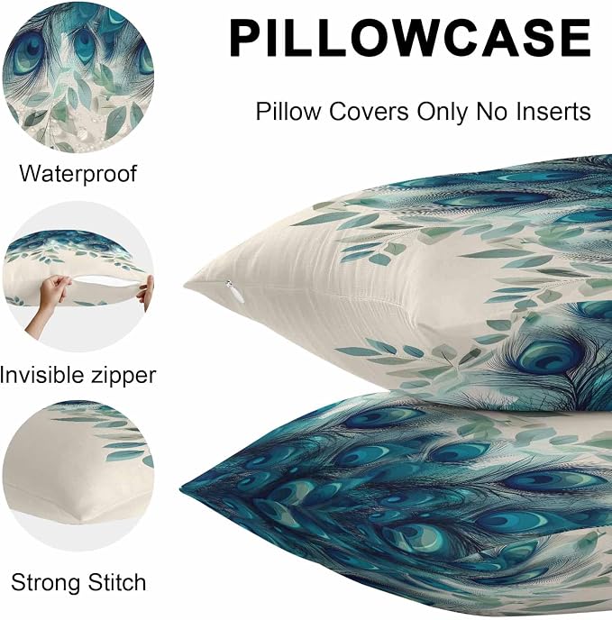 Teal Turquoise Outdoor Pillow Covers 20x12 Inch Lumbar Pillow Covers Set of 2 Waterproof Decorative Throw Pillow Cases Peacock Feathers Aesthetics Eucalyptus Cushion Covers for Patio Furniture Garden
