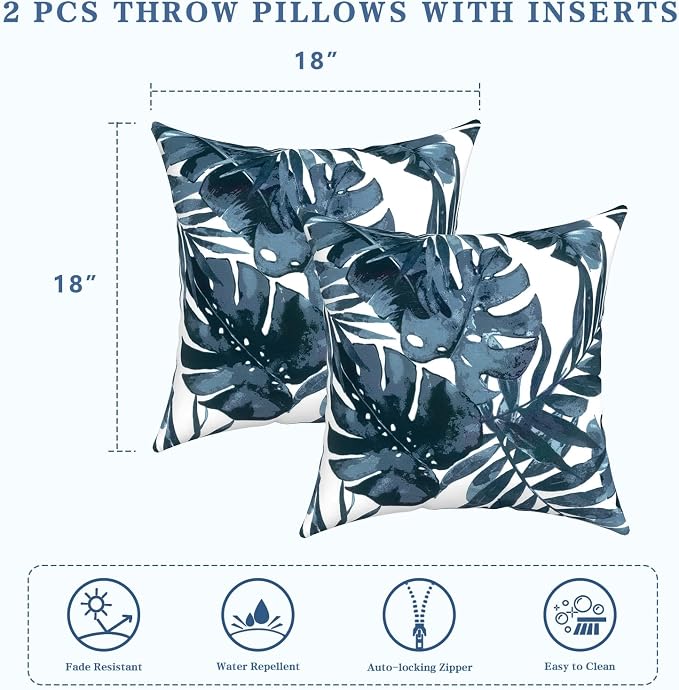 LVTXIII Outdoor/Indoor Throw Pillows, Decorative Throw Pillows with Inserts, 18”x18” Square Pillows for Bed, Couch, Sofa and Patio Furniture (Set of 2, Palm Blue)