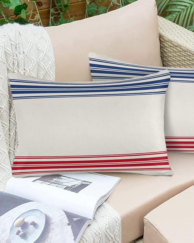 Outdoor Waterproof Pillow Covers Set of 2, Independence Day Flag Day Blue Red Stripe Vintage Patio Throw Pillow Covers, Decorative Cushion Case for Couch Sofa Furniture Garden, 20x12 Inch