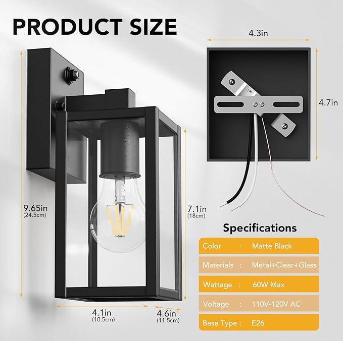 Dusk to Dawn Outdoor Light Fixtures, 2-Pack Sensor Porch Lights, Waterproof Exterior Wall Sconce Lighting Lamp, Waterproof Wall Lantern for House, Doorway, Garage (Black)