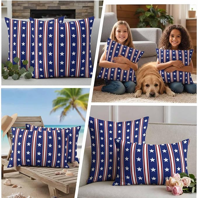 Blue Red Outdoor Pillow Covers 20"x20" Set of 2, Waterproof Throw Pillow Covers for Patio Furniture, Stripes Patirotic Star Independence Day Decorative Cushion Covers for Porch
