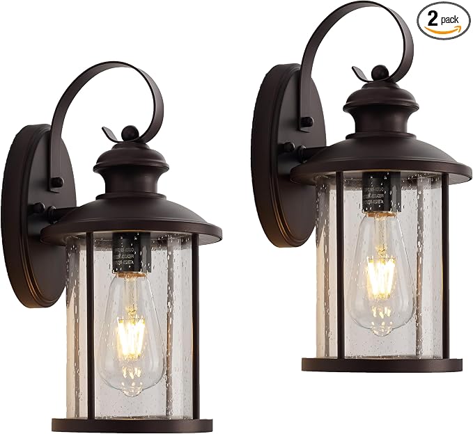 MICSIU 13.75" Bronze Vintage Farmhouse Round Outdoor Wall Light 2 Pack | 100W Max, Clear Seedy Glass, Exterior Porch Sconce for House, Garage, Front Door, Deck