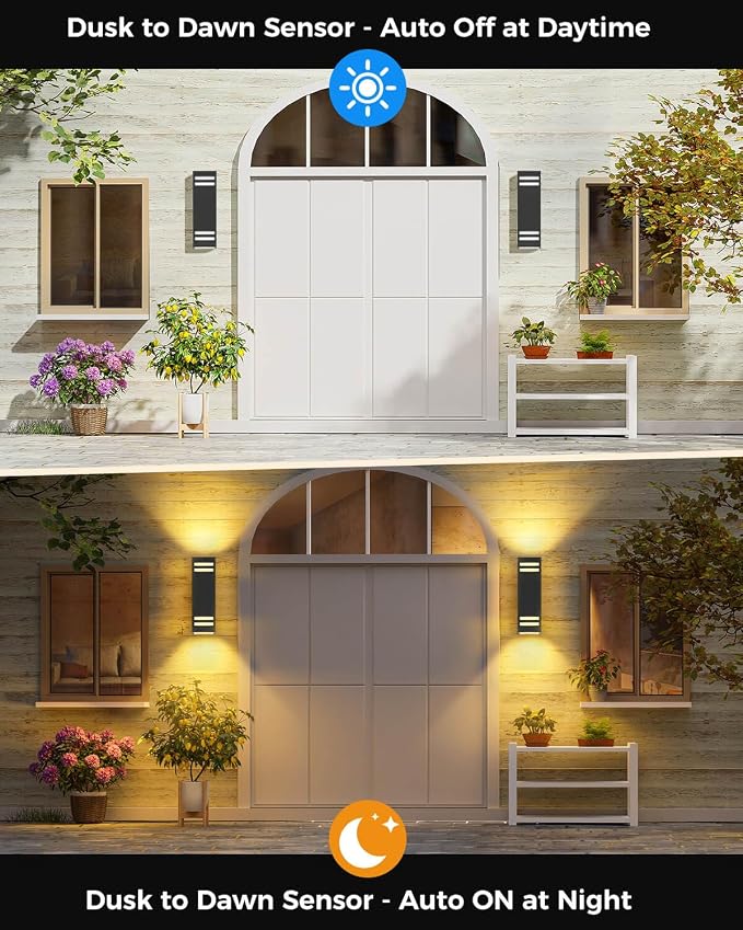 SHIMR Dusk to Dawn Outdoor Lighting, Modern Sconce, ETL Listed, 2 Pack | Black, Waterproof Aluminum Exterior Lighting Fixture, E26 Base, LED Bulbs Include, Up and Down Lights for Porch Garage Patio