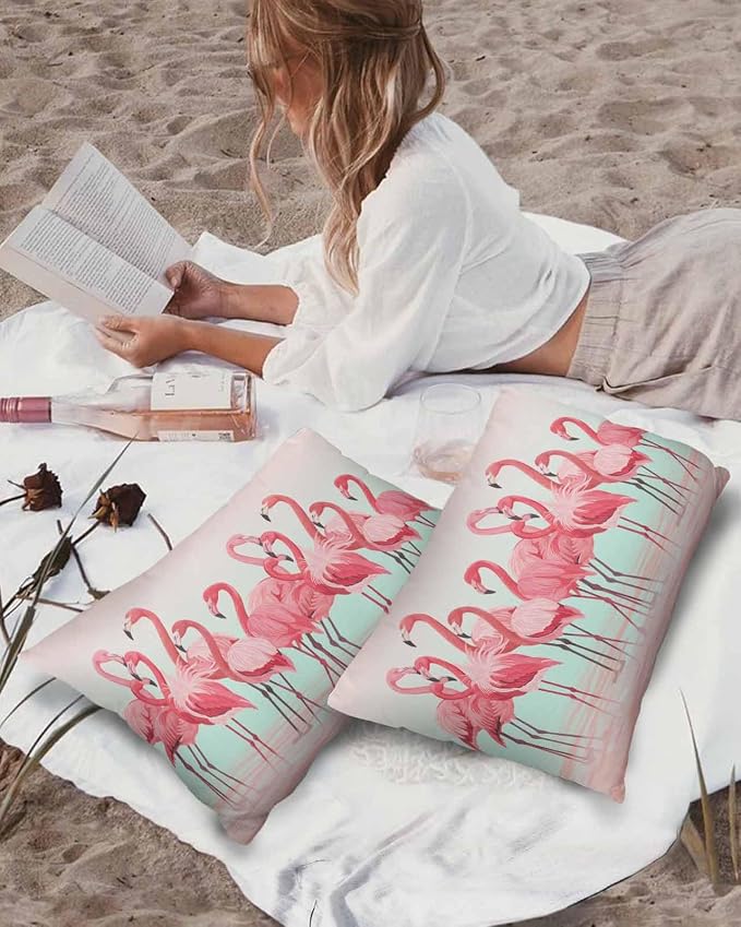 Outdoor Waterproof Throw Pillow Covers Set of 2 Pink Flamingo Lumbar Pillowcases 20x12 Inches Tropical Animal Ombre Teal Patio Decorative Pillows Cushion Case Patio Pillows for Couch Bed Chair Garden
