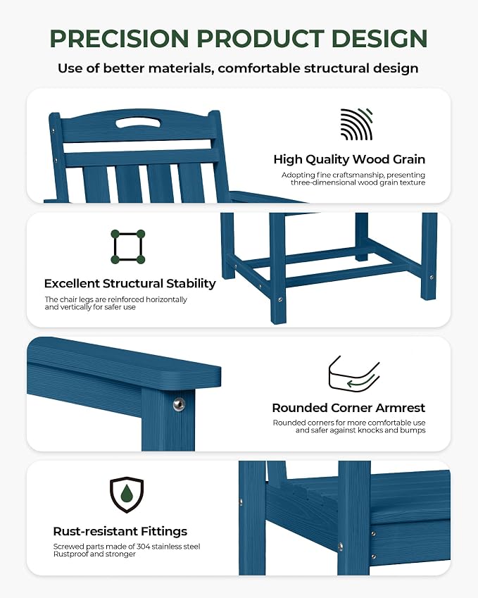 Set of 2 Weatherproof Patio Chairs - HDPE Outdoor Dining Chairs with Wide Seat, Ergonomic Design - for Garden, Backyard, Deck - Navy Blue