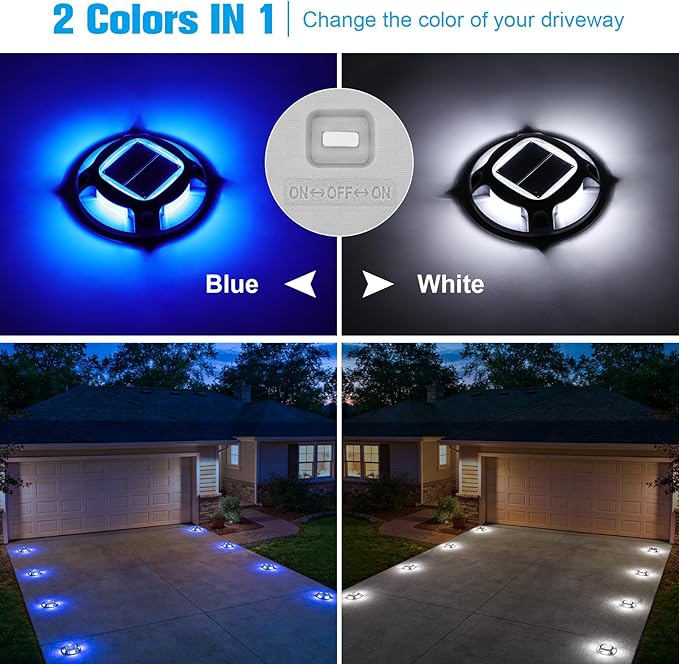 VOLISUN Solar Driveway Marker Lights Dock Marine Led Deck Outdoor 12 Pack | 2 Colors in 1,Solar Powered Waterproof Warning Step Lights for Pathway Garden Sidewalk Walkway (Blue/White)