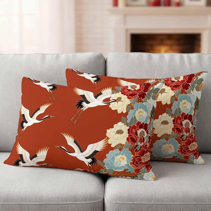 Japanese Style Outdoor Pillow Covers 20x12 Inch Lumbar Pillow Covers Set of 2 Waterproof Decorative Throw Pillow Cases Red Farmhouse Botanical Peony Birds Cushion Covers for Patio Furniture Garden