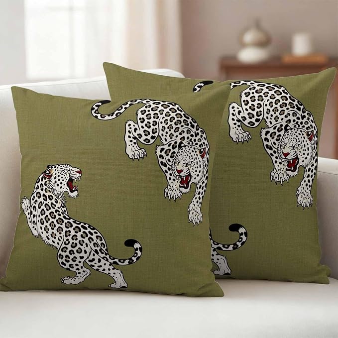 Yukro Green Leopard Outdoor Waterproof Pillow Covers Pack of 2, Modern Style Wild Animal Rustic Linen Texture Throw Pillowcases Decorative Cushion Covers for Garden Patio Tent Sofa Couch, 18x18 inch
