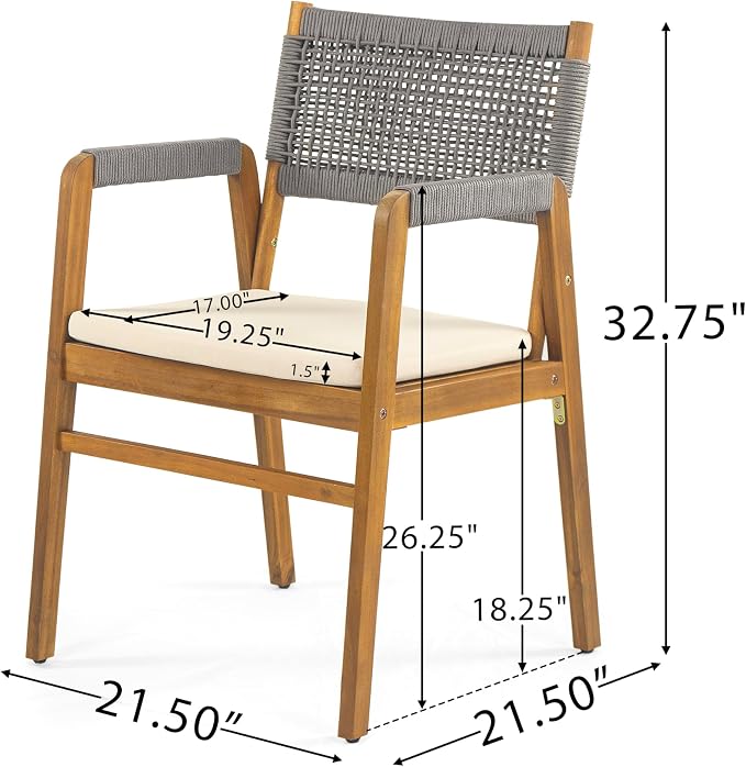 Christopher Knight Home Sky Acacia Wood Dining Table Set for 6, 7 Piece Patio Extendable Dining Table and Dining Chairs Set of 6 with Cushions & Rope Accents, Patio Furniture Set, Teak+Beige+Grey