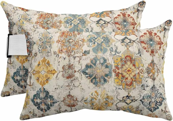 Pack of 2 Outdoor Lumbar Cushions with Inserts, Vintage Ethnic Morocco Classic Boho Art Texture Waterproof Fluffy Fade Body Pillows, Patio Furniture Pillow for Home Balcony Garden Decor 12x20IN