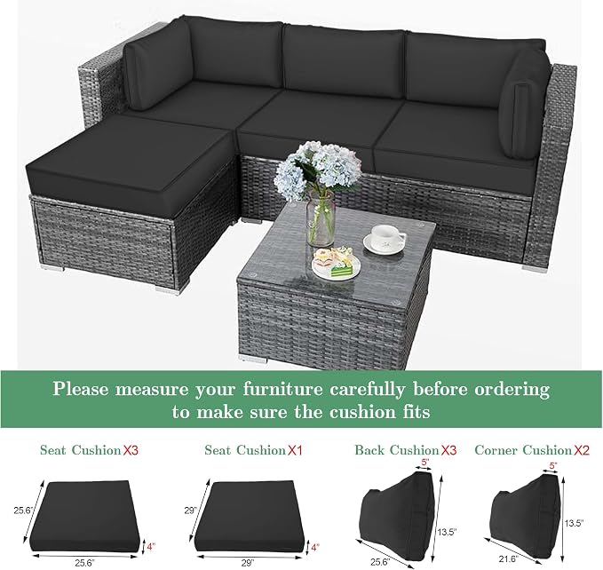 9pc Waterproof Outdoor Couch Cushions for 4 Seat Patio Black | Water-resistant, UV-resistant,9pc High-Density Foam Replacement Cushions for 4-Seat Outdoor Sectional Furniture