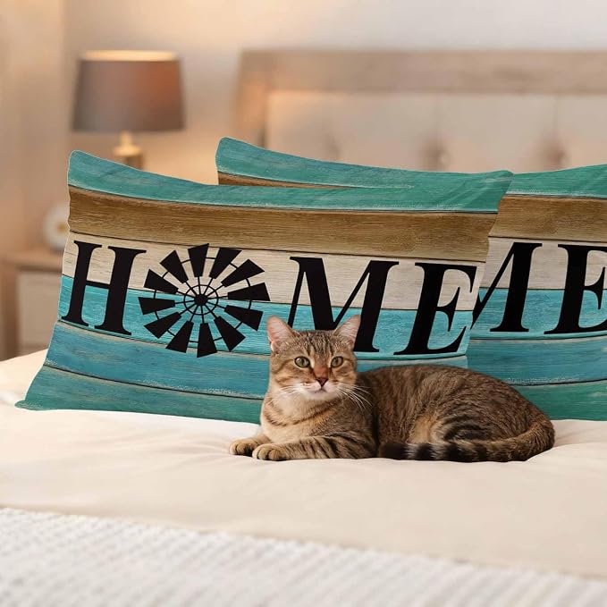 Outdoor Pillow Covers Set of 2, Home Farm Retro Wood Board Decorative Throw Pillow Covers 20X12IN, Teal Gradient Wooden Throw Pillows Protector Cushion Case for Patio,Couch,Sofa,Garden