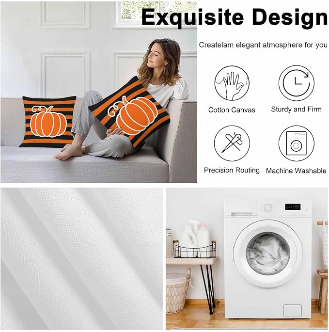 Orange Pumpkins Outdoor Waterproof Pillow Covers, Autumn Black Stripes Farmhouse Decorative Square Throw Pillowcase Sofa Cushion Sham for Patio/Couch/Chair, 26"x26" 2 Pack