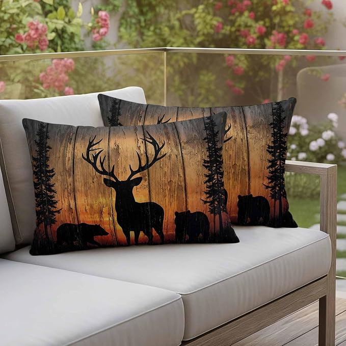 Yukro Wildlife Scene Outdoor Waterproof Pillow Covers Pack of 2, Nature Deer Bear Pine Trees Silhouette Sunset Throw Pillowcases Decorative Cushion Covers for Garden Patio Tent Sofa Couch, 20x12 inch