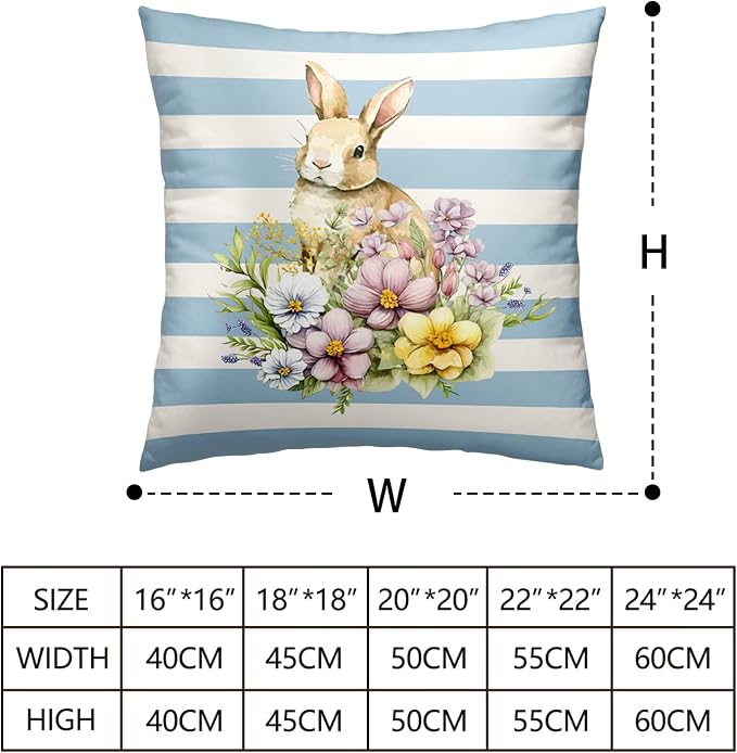 Striped White and Blue Easter Bunny Pillow Covers 16x16 Egg Pink Flower Pillows Cases Cute Bunny Pillow Covers Spring Holiday Decor for Indoors Couch Living Room in 2 Pcs