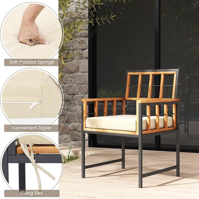 HAPPYGRILL 4 Pieces Wood Patio Dining Set with 1 Table, 1 Loveseat and 2 Armchairs, Outdoor Table and Chairs with 1.96" Umbrella Hole and Comfortable Cushions for Backyard, Deck and Poolside