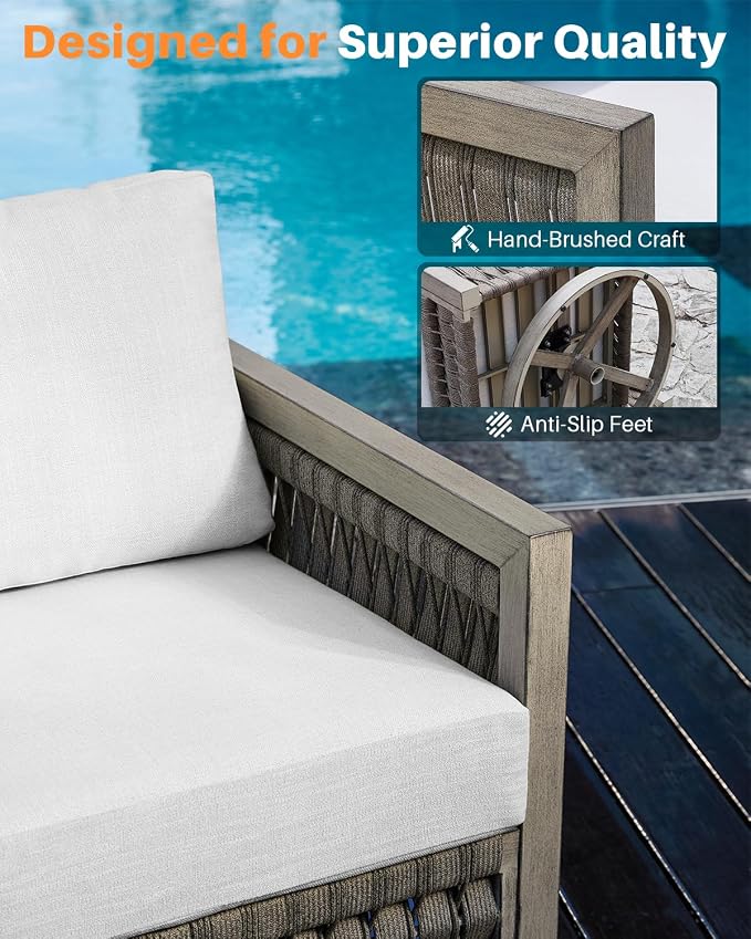 Swivel Patio Chair, Never Rust Aluminum Outdoor Swivel Sofa Chair with Washable Cushions, Rope Weave Patio Sofa Armchair, Deep Seating Outdoor Club Chairs for Garden, Porch, Poolside, Gray Oak