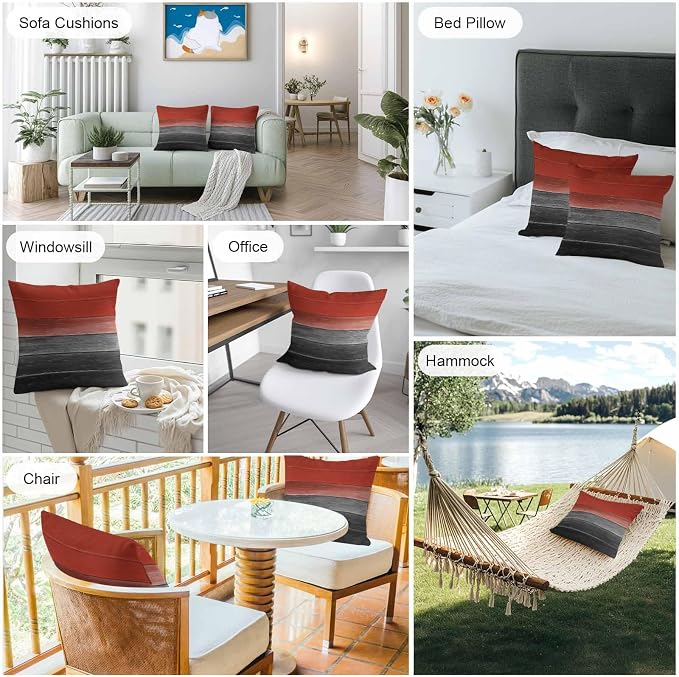 Red Gray Black Outdoor Pillow Covers 18x18 Inch Throw Pillow Covers Set of 2 Waterproof Decorative Pillow Cases Vintage Country Gradient Wooden Grain Cushion Covers for Patio Furniture Garden Couch