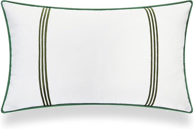 Hofdeco Premium Coastal Patio Indoor Outdoor Lumbar Pillow Cover Only, 12"x20" Water Resistant for Backyard, Couch, Green Embroidered Vertical Line