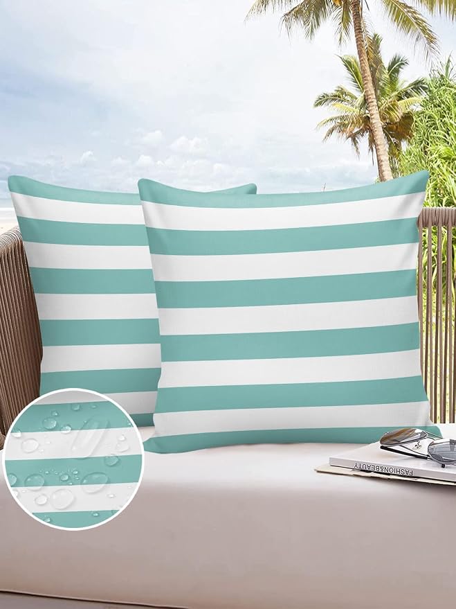 Outdoor Pillows 26x26 Waterproof Outdoor Pillow Covers Teal White Stripes Polyester Throw Pillow Covers Garden Cushion Decorative Case for Patio Couch Decoration Set of 2 Geometric