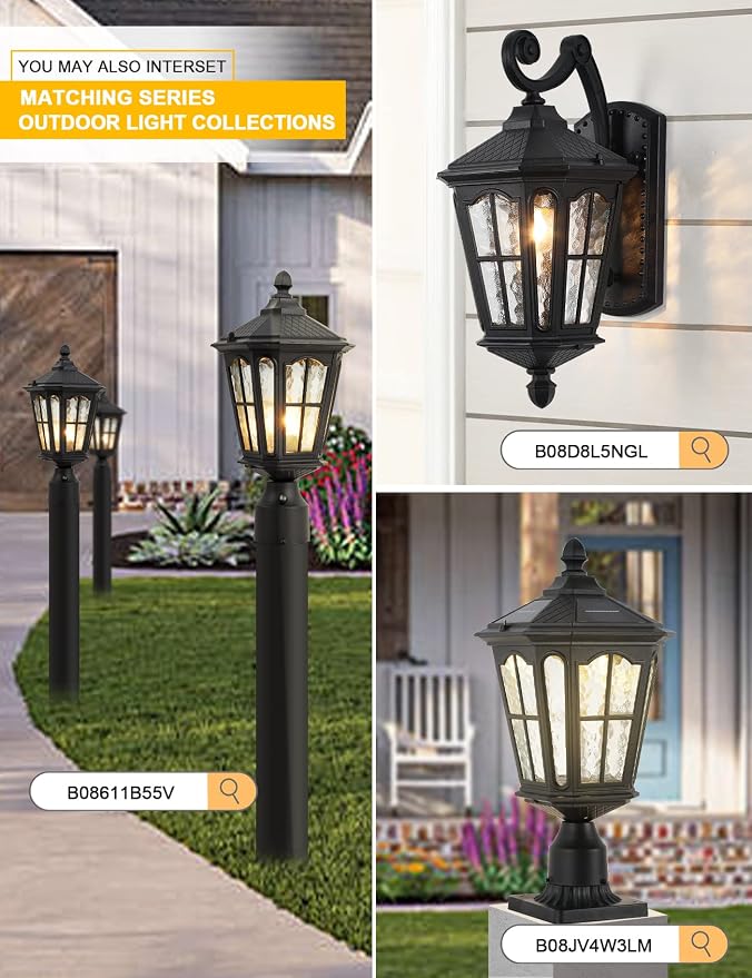 Post Light Outdoor with 3-Inch Pier Mount Base, 17''H Exterior Post Light Fixture,Waterproof IP65 Classic Die Cast Aluminum with Water Ripple Glass, E26 Base 60W Max,Matte Black