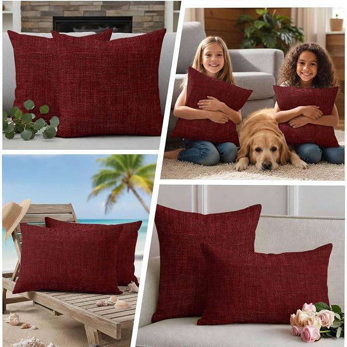 Outdoor Waterproof Throw Pillow Covers Set of 2 Wine Red Linen Lumbar Pillowcases 20x12 Inches Farmhouse Pure Color Decorative Pillows Cushion Case Patio Pillows for Couch Bed Chair Garden