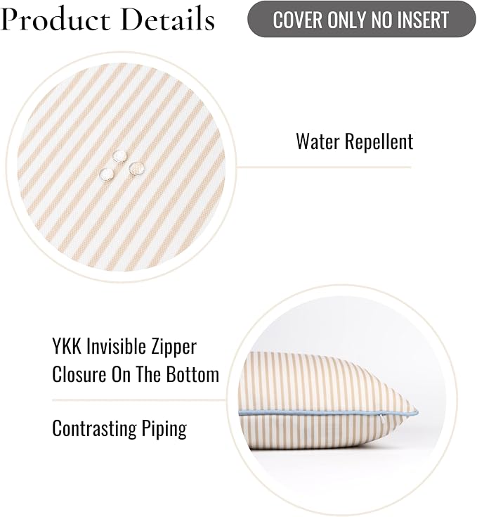 Hofdeco Premium Coastal Hampton Patio Indoor Outdoor Throw Pillow Cover Only, 20"x20" Water Repellent for Backyard, Couch, Poolside, Neutral Tan Blue Print Stripes