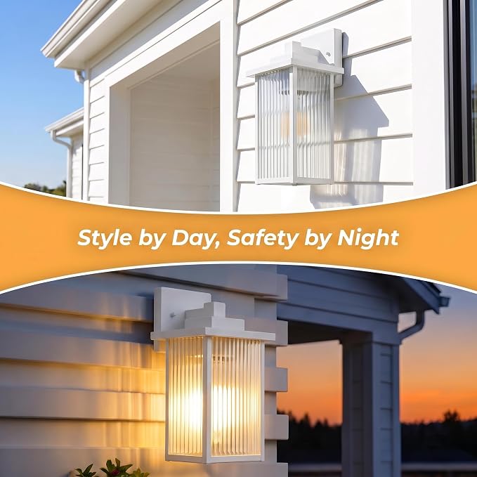 13" White Outdoor Wall Light, All-Metal Frame Porch Light | Textured Glass Softens Glare, Stays Bright. Anti-Yellowing White Metal. Pre-Assembled DIY Install. For Porch, Garage & Entry
