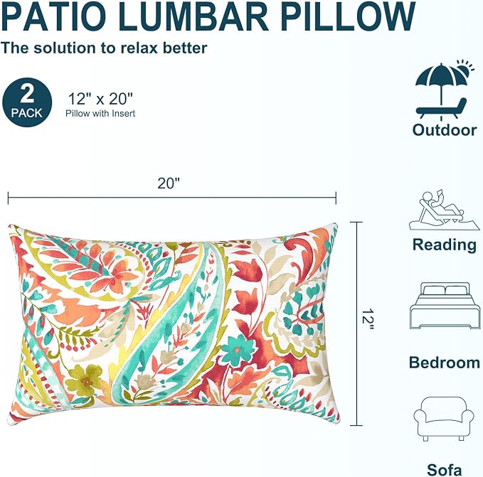 DYTXIII Pack of 2 Waterproof Outdoor Lumbar Pillow with Inserts, 12x20 in Rectangle Decorative Patio Throw Pillow for Home, Sofa,Bench and Patio Furniture, Pretty Paisley