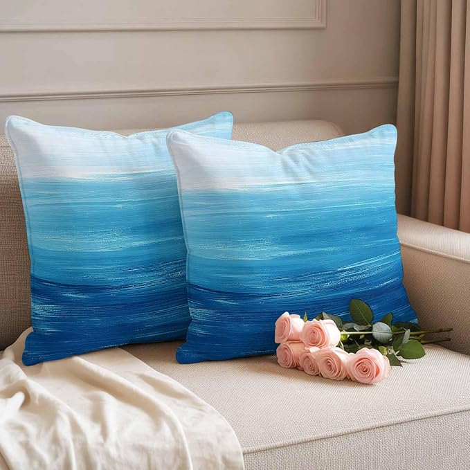Outdoor Waterproof Throw Pillow Covers, Sky Blue Coastal Decorative Pillow Cases, Nautical Modern Ocean Wave Couch Pillow Protector Patio Sofa Cushion Covers Replacement 18"x18" 2 Pack