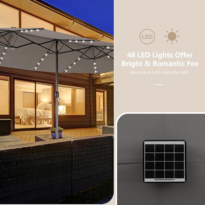 Tangkula 11 Pieces Patio Dining Set with 15ft Double-Sided LED Patio Umbrella (Base Included), Outdoor Rattan Furniture Set with 8 Stackable Chairs, Acacia Wood Dining Table and Umbrella (Gray)
