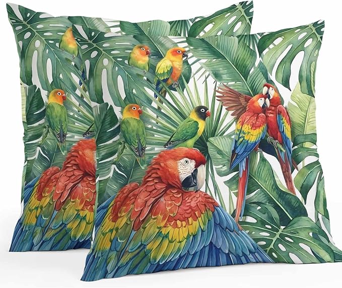 Pack of 2 Waterproof Outdoor Pillow Covers 26x26 Inch Decorative Pillow Covers Tropical Plants Throw Pillowcases Summer Rustic Monstera Palm Leaves Birds Green Outdoor Cushion Cover for Couch, Patio
