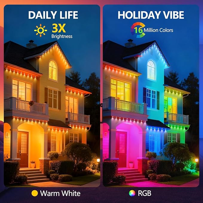 Permanent Outdoor Lights,Smart Eave Light RGB Color-Changing LED House Lighting with App & Remote, Christmas Light Effects, IP67 Weatherproof Outdoor Lights for Holidays & Christmas Decorations, 300FT