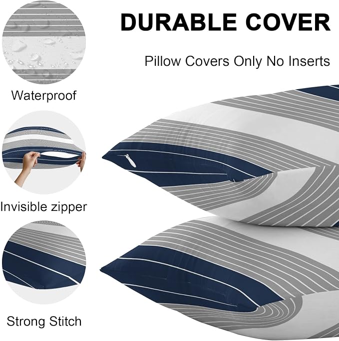 Navy Blue Grey Stripe Outdoor Pillow Covers Waterproof, All Weather Cushion Case Set of 2, Modern Art Horizontal Striped Decorative Pillowcases for Sofa Couch Bed Decor Patio Furniture 18"x18"
