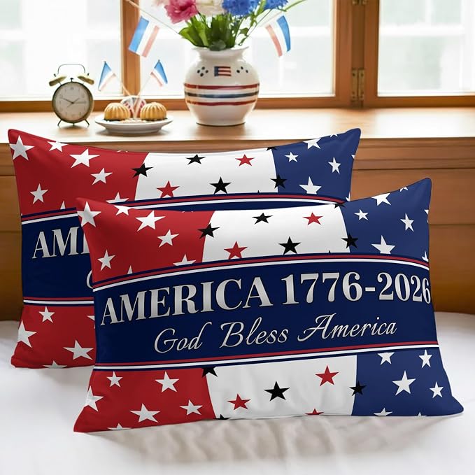 America 250th Anniversary Outdoor Pillow Covers 20"x12" Set of 2, God Bless America Patriotic Star Strip Waterproof Throw Pillow Covers for Patio Furniture, Decorative Cushion Covers for Porch