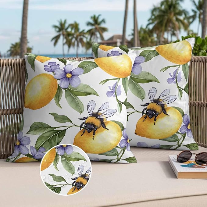 Summer Lemon Waterproof Outdoor Pillow Covers Set of 2 Home Decor, Watercolor Purple Spring Floral Bee Pillowcase Patio Pillow Covers for Couch Bench Furniture Garden 18x18in