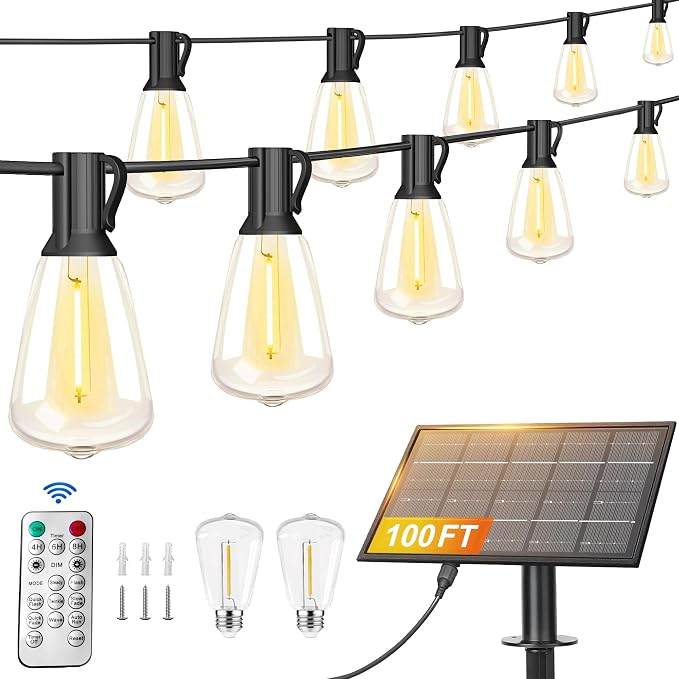 Stright 100FT Solar String Lights Remote Weatherproof ST38 LED Backyard | Remote Control, 8 Light Modes, Weatherproof Shatterproof ST38 LED Bulb, For Backyard Porch Cafe, Large Solar Panel
