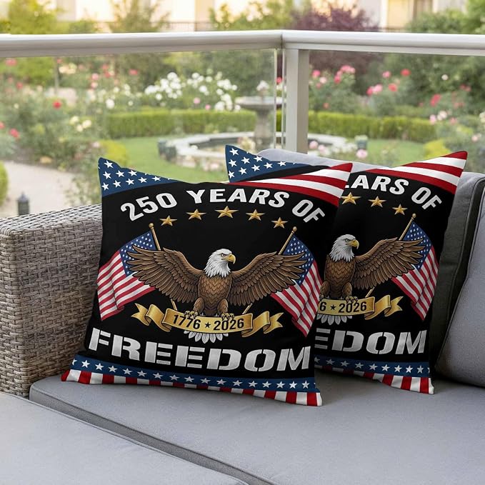 250 Years Anniversary Outdoor Waterproof Throw Pillow Covers 20x20 Set of 2, American Flag Eagle Independence Day Decor Pillowcases Cushion Pillowcase for Couch Sofa Patio Outside Pillow Protector