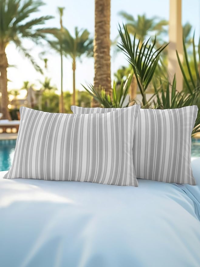 Waterproof Outdoor Pillow Set of 2 Grey Stripes Decorative Throw Pillows Cover & Insert 20x12 Inch Lumbar Pillowcase White Lines Lines Pillows for Couch Sofa Bed Patio Furniture Indoor Outdoor