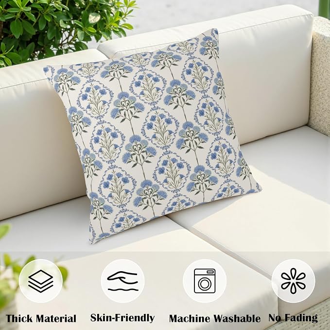 Vintage Floral Pillow Covers Blue Green Boho Flower Block Print Throw Pillow Cover 18x18 Spring Summer Hydrangea Pillow Cases Wildflower Farmhouse Cushion Case for Home 2 Pack