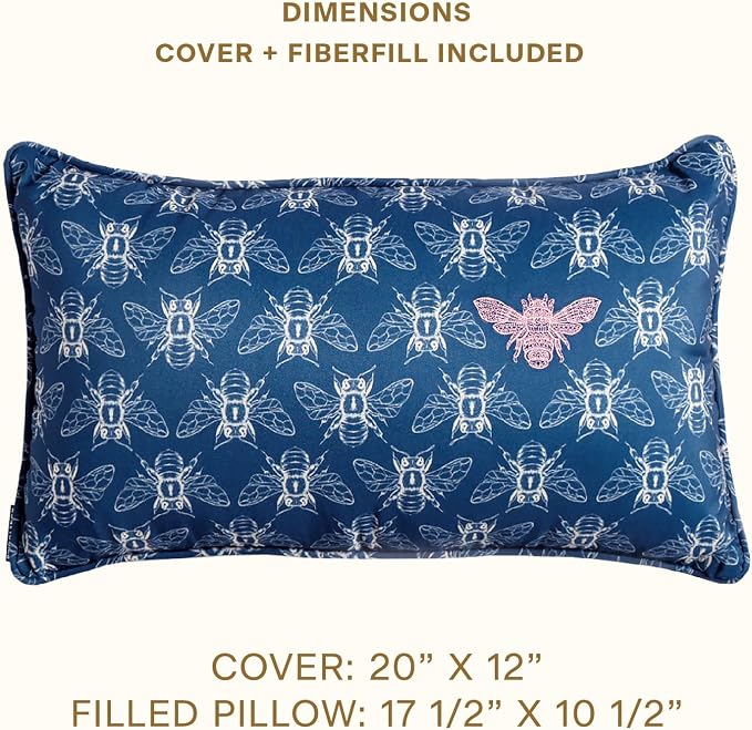 Honeycomb Indoor/Outdoor Lumbar Pillow for Patio Furniture, 20 x 12 | Nocturnal Blue Embroidered Bumble Bee Throw Pillow, Water & Fade Resistant for Patio Furniture Set