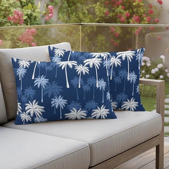 Lumbar Pillow Covers 20x12 Inch Set of 2, Tropical Palm Tree Waterproof Outdoor Pillow Covers, Navy Blue White Plants Coastal Leaf Decorative Cushion Pillowcases for Couch, Sofa, Bed, Garden, Patio