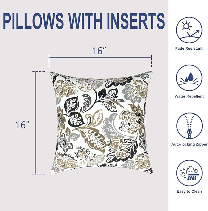 Outdoor Throw Pillows 16x16 Inch, Water Repellent Patio Pillows with Inners Set of 2 for Patio Furniture Home Garden, Dailey Tan