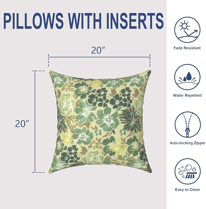 Outdoor 20x20 Inch Throw Pillows with Inners, Square Pillows Decorative Set of 2 for Home Garden Furniture, Green Rose