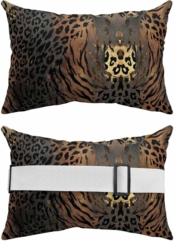 Brown Black Leopard Print Outdoor Chaise Lounge Head Pillow with Insert,Vintage Animals Skin Fur Pattern Waterproof Headrest Lumbar Pillow Cusion Cover with Elastic Strap for Recliner,12"x20" 2PCS