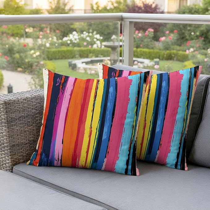 Rainbow Stripe Graffiti Outdoor Pillow Covers Set of 2 Oil Painting Striped Modern Art Waterproof Throw Pillow Cover Decorative Cushion Cases for Patio Porch Garden 24X24 Inch