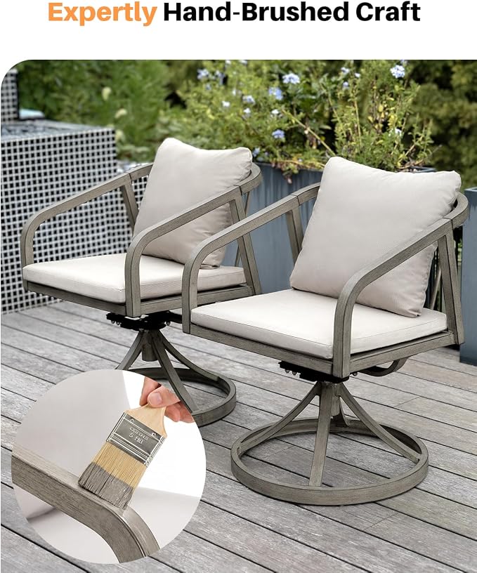2-Piece Outdoor Swivel Chairs, Patio Dining Chairs with Removable Cushions, Never-Rust Aluminum Outdoor Dining Chairs with Wraparound Seating Design for Garden, Deck, Backyard, Gray Oak