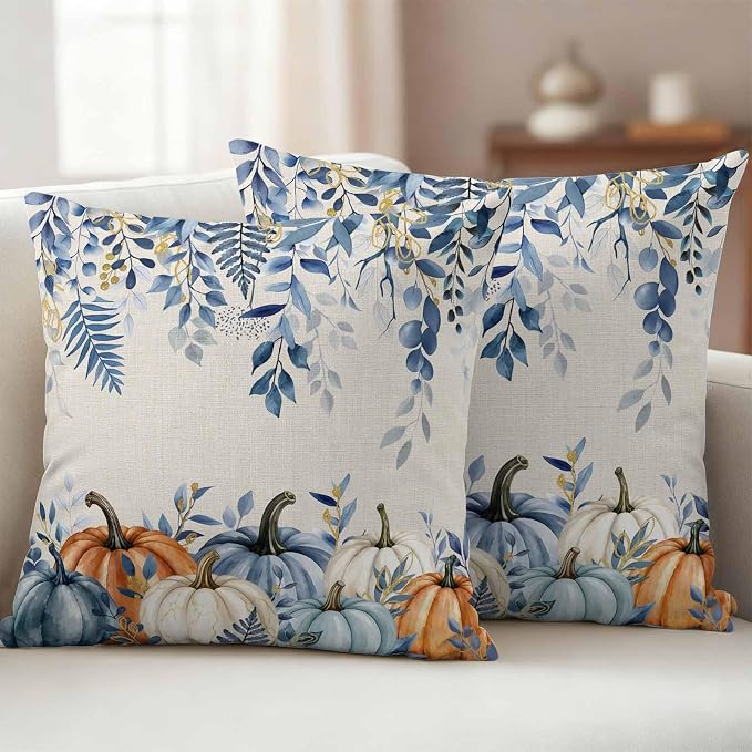 Orange Blue Fall Waterproof Outdoor Pillow Covers 24''x24'' Set of 2, Thanksgiving Eucalyptus Berry Leaves Patio Cushion Covers for Chairs, Decorative Pumpkin Beige Pillow Cases for Garden/Pool/Beach